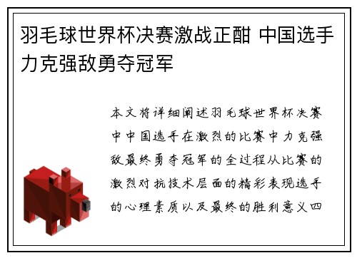 羽毛球世界杯决赛激战正酣 中国选手力克强敌勇夺冠军