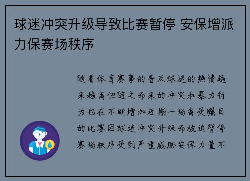 球迷冲突升级导致比赛暂停 安保增派力保赛场秩序