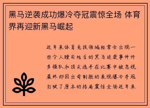 黑马逆袭成功爆冷夺冠震惊全场 体育界再迎新黑马崛起