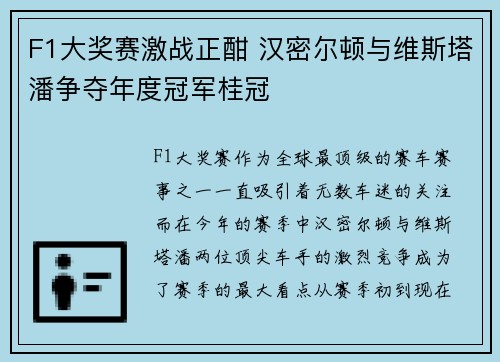 F1大奖赛激战正酣 汉密尔顿与维斯塔潘争夺年度冠军桂冠